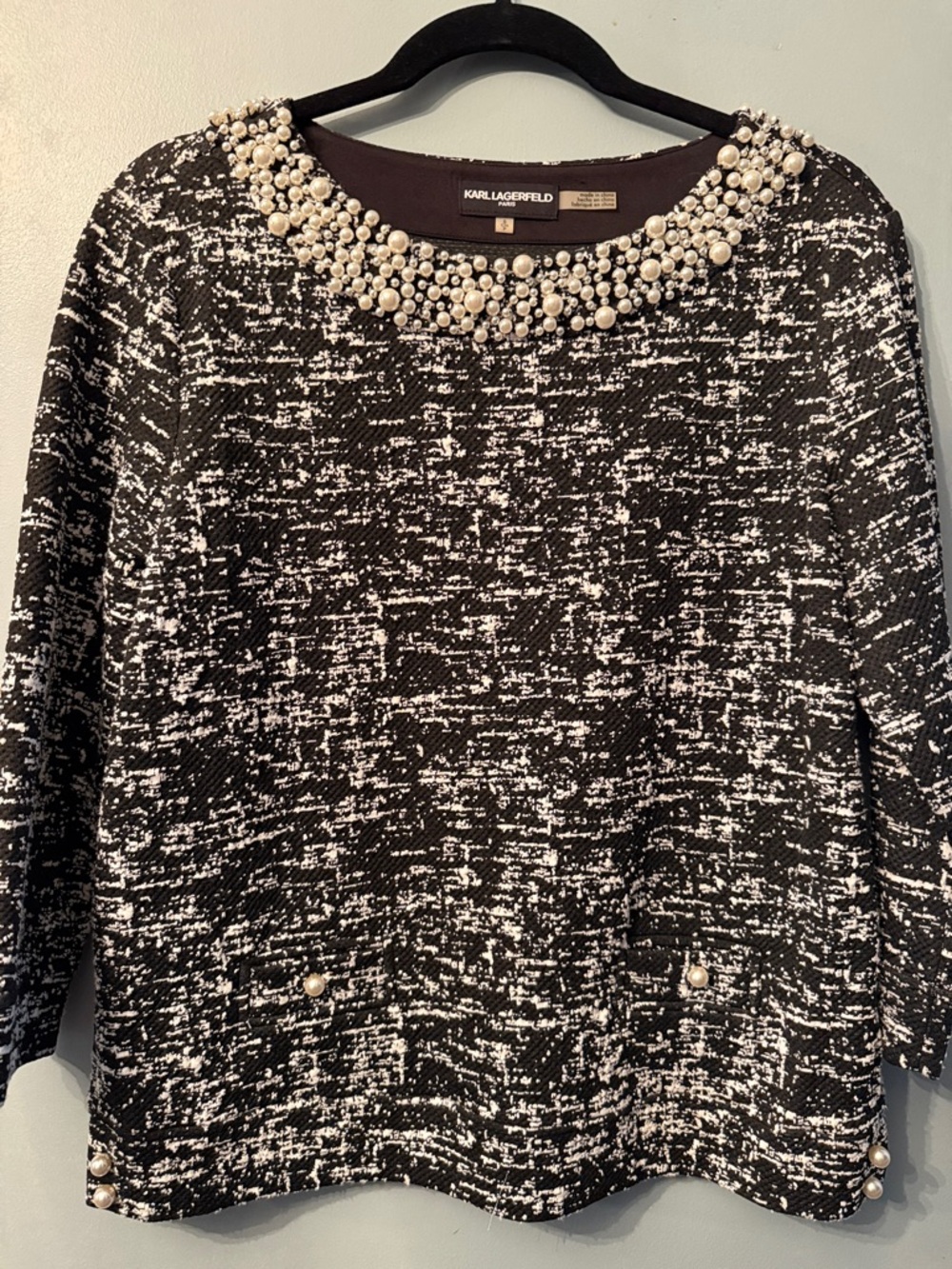 Karl Lagerfeld Black & White Pearl-Trimmed neckline Textured Knit Top